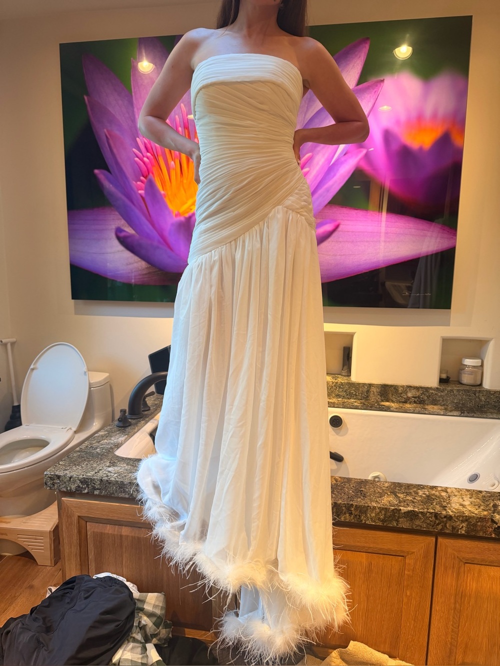 Strapless White Maxi Gown with Feather Hem - Picture 2 of 4